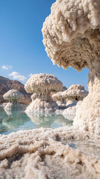 Low-angle view of rare mushroom-shaped salt crystal formations in the Dead Sea.