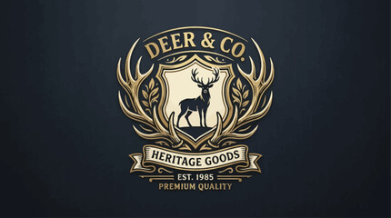 Vintage luxury heraldic logo design featuring a deer stag silhouette inside a shield with ornate gold decorations and classic typography © john