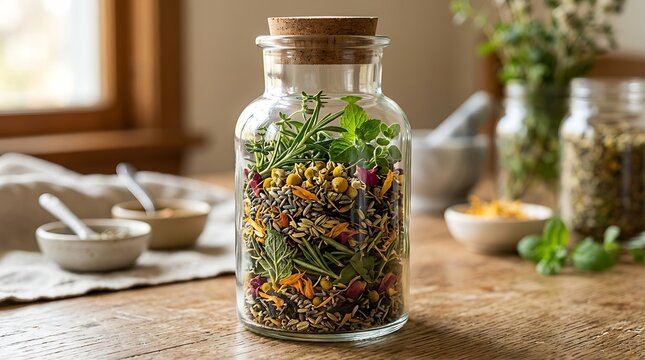 Glass jar filled with dried culinary herbs and edible flowers on a rustic wooden kitchen table