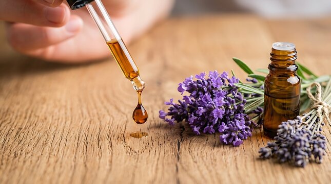 Essential oil dropping from glass pipette beside fresh lavender flowers on rustic wooden surface