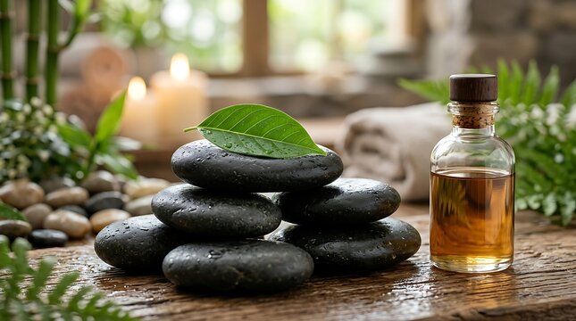 Zen spa stones with essential oil and green leaf on a rustic wooden table background
