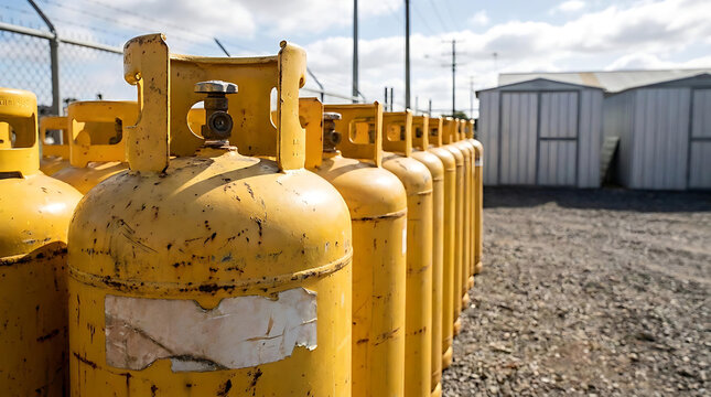 Row of Yellow Industrial Gas Cylinders Stored Outdoors at Industrial Facility with Storage Buildings Under Cloudy Sky