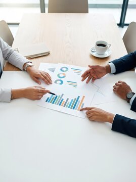 Woman and man business partner analyzing financial chart on desk. Professional team discussing company growth performance. Corporate meeting for data strategy and financial investment report.