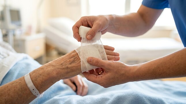 Professional nurse applying sterile gauze bandage to senior patient hand in hospital room