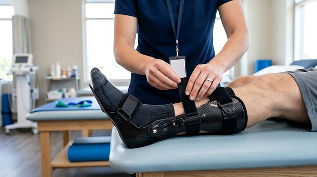 Physical therapist adjusting a carbon fiber leg brace on a patient in a clinical treatment room