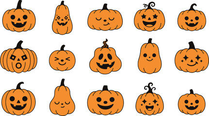 Naklejka premium Cute Halloween pumpkin icons set, 15 orange jack-o-lantern vector illustrations with funny faces, spooky autumn holiday character collection