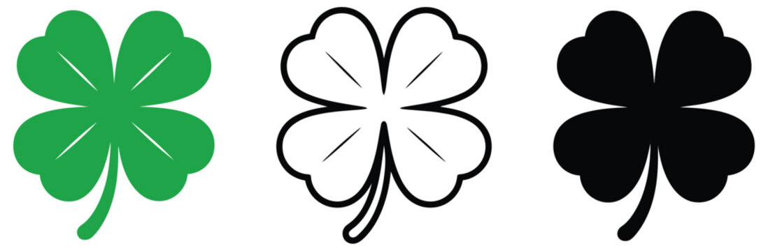 Four Leaf Clover Icons, Lucky Shamrock, Green Flat, Black, and Outline Symbols for Seasonal Celebrations, Vector, Designs