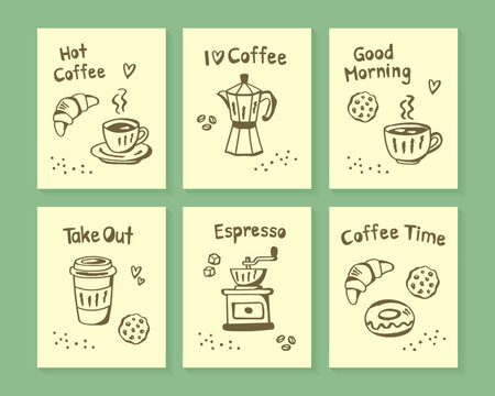 minimal coffee posters set with doodle elements vector illustration.