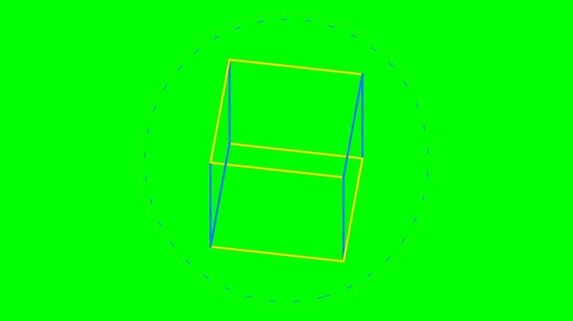 A geometric wireframe cube centered inside a dotted circular frame on green