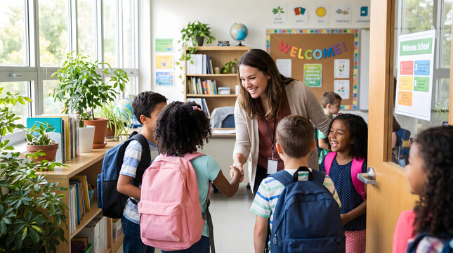 Happy female teacher greeting diverse elementary students handshakes bright modern classroom morning arrival school day learning education inclusion childhood growth development academic success