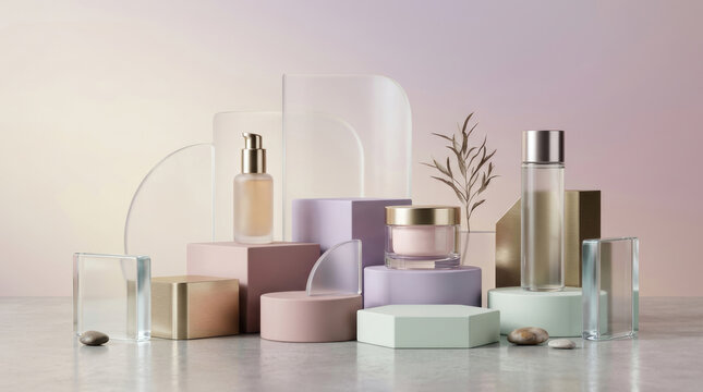 Minimal Luxury Skincare Cosmetic Products Display on Pastel Podiums