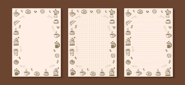 blank lined and grid stationery with coffee doodle elements vector illustration.