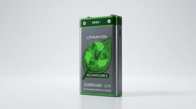 Modern rechargeable lithium ion battery with sustainable energy and recycling concept isolated on white background