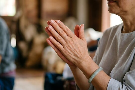 Close up of an elderly woman performing a respectful Thai wai during a ceremony, showing the peaceful Thai wai gesture for prayer and greetings in a traditional Thai wai pose.
