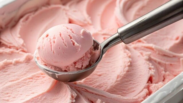 A metal scoop serving a delicious round ball of pink strawberry ice cream from a large tub
