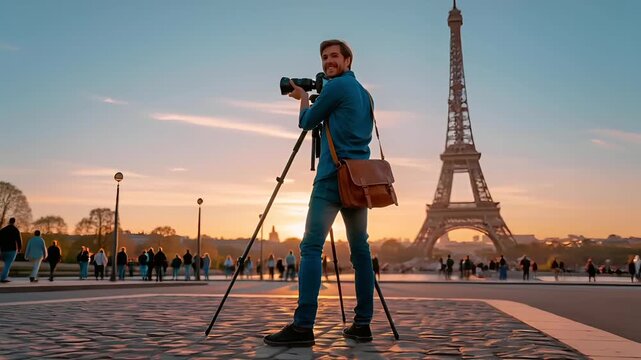 Paris, France, Europe. A vivid portrayal of a man photographing the Eiffel Tower at sunset. The sky is a gradient of orange and blue, with the sun casting a warm glow over the scene. The man.