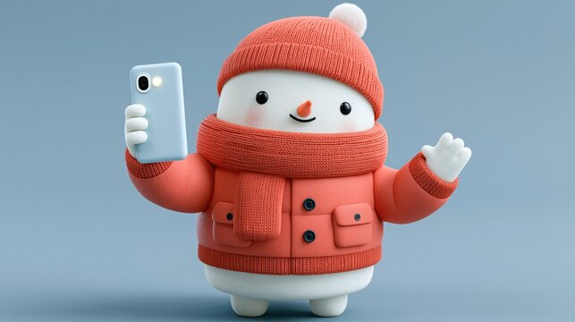 Snowman holding a smartphone and waving, dressed in a red knit hat, scarf, and coat against a plain blue background.