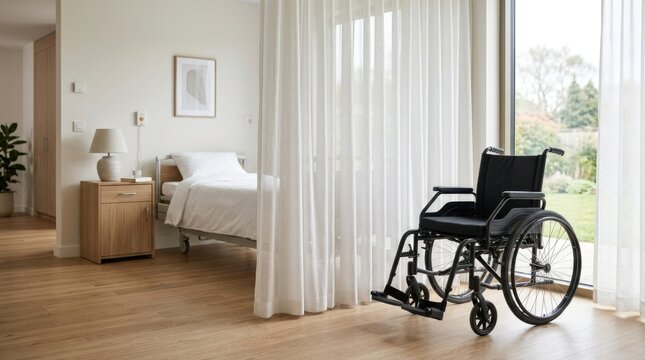 Modern Accessible Hospital Room with Wheelchair and Large Window