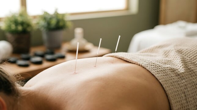 Acupuncture treatment session focusing on back pain relief in a calm professional wellness spa