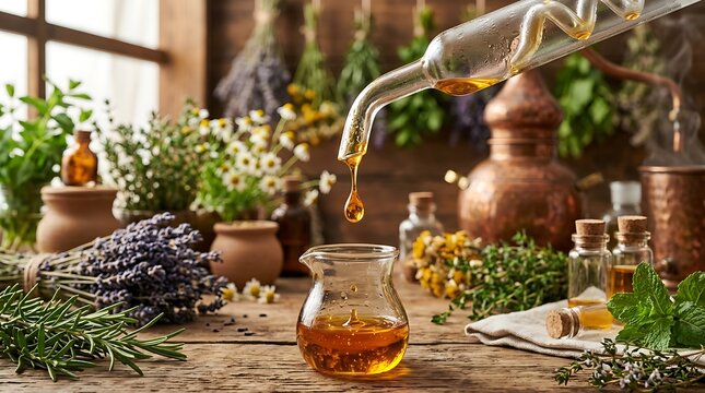 Essential oil extraction process using distilled herbal concentrates in a rustic workshop setting