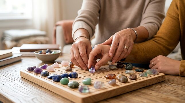 Two people playing strategy board game with polished gemstones on wooden table at home