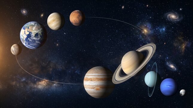 Vibrant solar system illustration, planets orbiting the sun, cosmic galaxy background, astronomical science education, space exploration concept