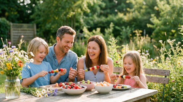 Family Enjoying Fruit Skewers This Summer Bank Holiday