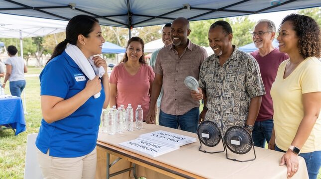 People receiving Heatwave Safety hydration and cooling at outdoor event