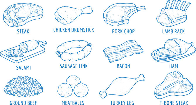 Set of twelve blue line art meat illustrations on checkered background including steak chicken drumstick pork chop lamb rack.