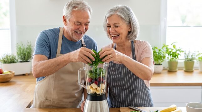 Senior Couple Preparing Healthy Smoothie for Senior Citizen Day