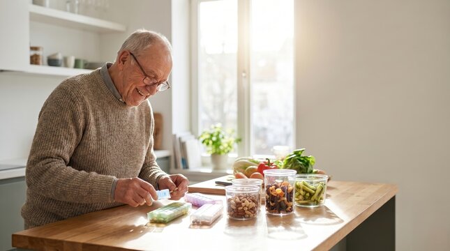 Senior Man Organizing Vitamins for Senior Citizen Day