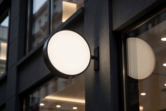 Round empty signboard hangs on dark building wall near storefront glass window. Blank white circular light box provides place for company logo branding. Modern street signage template serves as