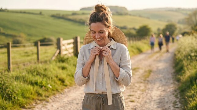 Woman Tying Summer Hat Ribbon in Countryside for Summer Bank Holiday