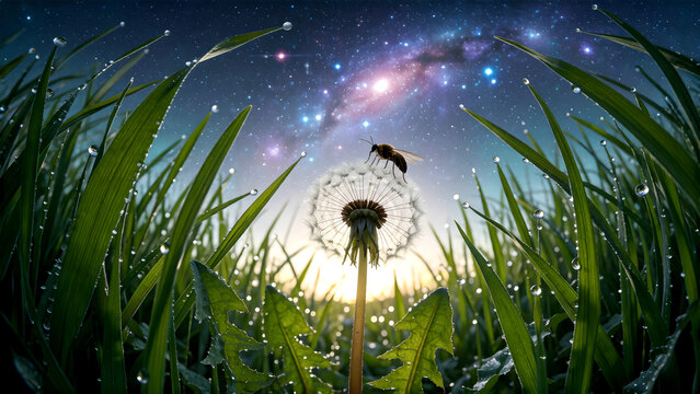 A bee resting on a dandelion seed head under a starry night sky with dew drops on grass.