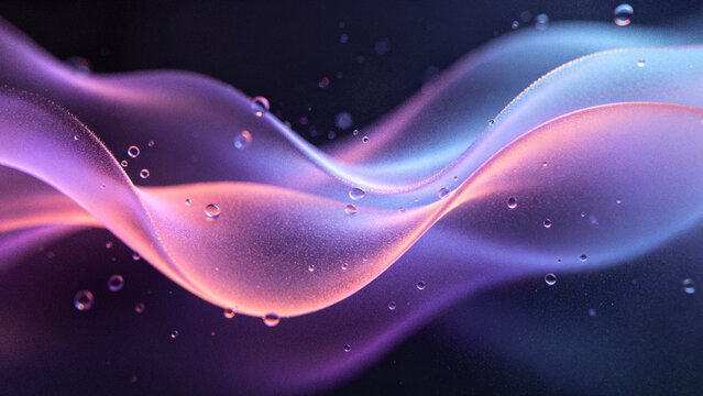 Abstract grainy glassmorphism background with beautiful glowing frosted glass wavy aura ribbon and floating fluid droplets over premium dark black backdrop design.