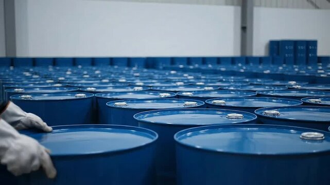 Industrial Warehouse Operations: Worker Handling Blue Barrels for Logistics and Storage in a Controlled Environment with Focus on Safety and Efficiency