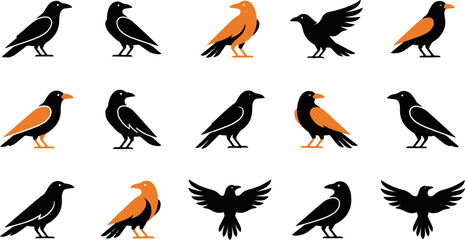 Obraz premium Set of various raven bird illustrations featuring black and orange silhouettes in different poses and artistic styles