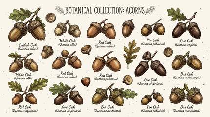 Vintage botanical illustration of various acorn species from the genus Quercus with scientific and common names on textured paper © john