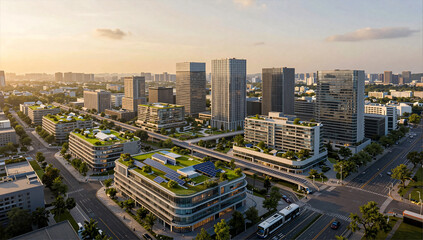 Obraz premium Net Zero Smart City District with Green Roofs and Solar Pathways