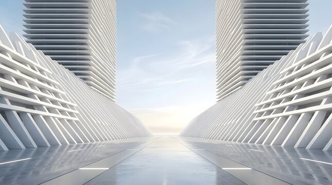 Modern white skyscrapers in city center. Futuristic urban architecture with symmetry.
