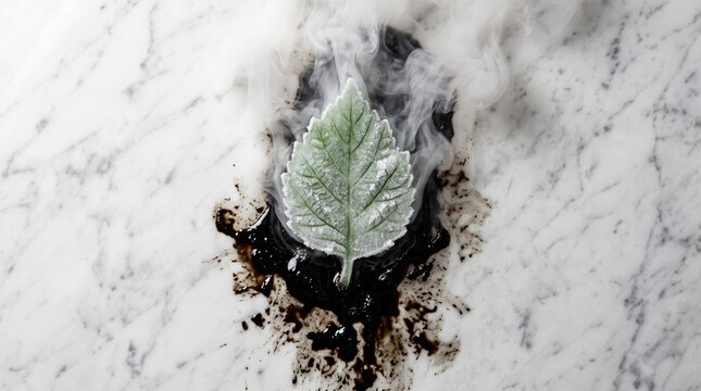Residuo t&oacute;xico negro emanando de hoja congelada