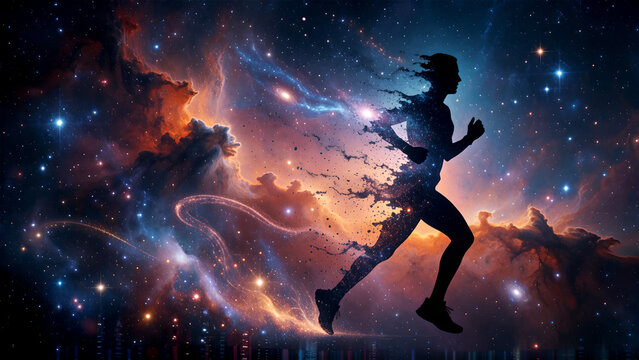 A silhouette of a runner sprinting through a vibrant cosmic nebula filled with glowing stars.