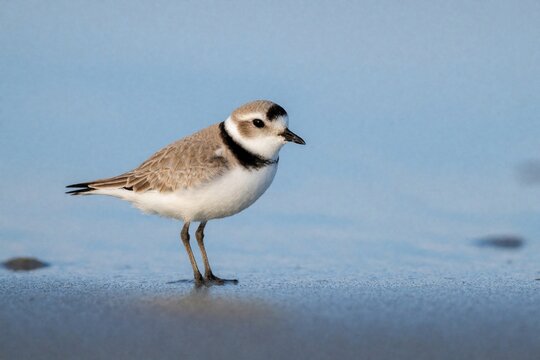 Small shore bird stands on wet sand near calm blue water. Snowy plover has distinctive black band on neck and forehead. Bird waits by ocean waves.