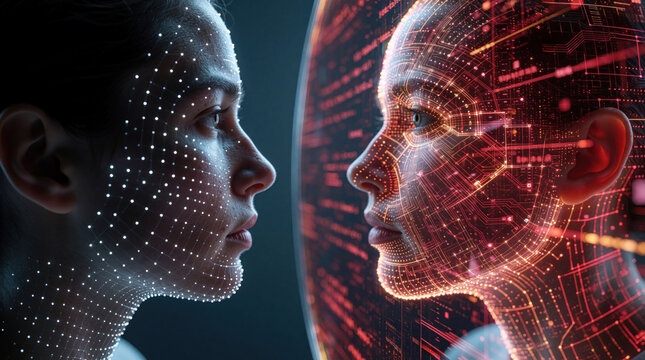Human face looks at digital twin reflection in mirror. Glowing tech grid points map facial features on skin. Concept of artificial intelligence machine learning virtual identity biometric security