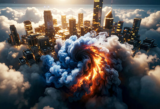 Urban skyline emerging from clouds with fiery orange and blue vortex at center, illuminated by golden sunset light above cityscape.