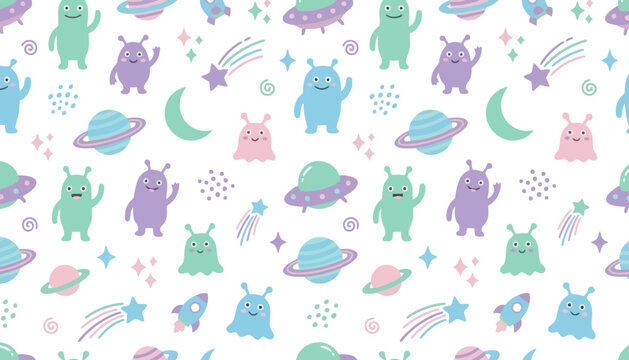 Cute outer space pattern with aliens and planets seamless astronomy