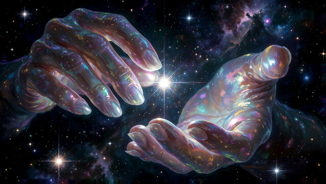 Ethereal cosmic hands reaching out to touch a glowing star in deep space.