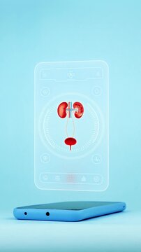 Doctor using mobile app interface on smartphone for female urinary system diagnosis, innovative technology for early detection of cystitis and urinary tract infections. Light blue background.