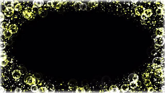 Floating transparent spheres oval frame for video editing, glowing magic dust particle overlay, chroma key black screen visual background, aesthetic neon border loop, party intro element 4k video.