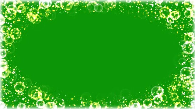 Floating transparent spheres oval frame for video editing, glowing magic dust particle overlay, chroma key green screen visual background, aesthetic neon border loop, party intro element 4k video.
